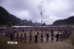 Phần hội diễn ra sôi nổi, rộn ràng với hình ảnh các chàng trai, cô gái, người già, trẻ nhỏ người Mông nắm tay nhau múa vòng quanh cây nêu trong tiếng khèn Mông. (Ảnh: Trọng Đạt/TTXVN)