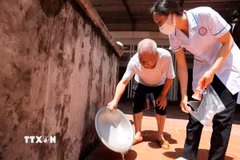Nhân viên y tế xã Đồng Tháp (huyện Đan Phượng) hướng dẫn người dân xử lý nước thừa, môi trường để muỗi phát triển. (Ảnh: Minh Quyết/TTXVN)