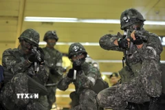 Binh sỹ Hàn Quốc tham gia cuộc tập trận Hoguk tại Seoul. (Ảnh: AFP/ TTXVN)