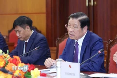 Ông Phan Đình Trạc, Ủy viên Bộ Chính trị, Bí thư Trung ương Đảng, Trưởng Ban Nội chính Trung ương phát biểu tại buổi tiếp. (Ảnh: Phương Hoa/TTXVN)