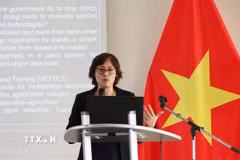Tiến sỹ Nguyễn Ninh Thuận phát biểu tại Hội thảo hợp tác khoa học-công nghệ-thương mại Việt Nam-Liên minh châu Âu (EU), tại Brussels tháng 3/2026. (Ảnh: Hương Giang/TTXVN)