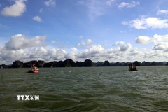 Các xuồng thuộc Phòng Cảnh sát Phòng cháy chữa cháy và Cứu nạn cứu hộ (Công an tỉnh Quảng Ninh) tham gia tìm kiếm khu vực trên vịnh Hạ Long. (Ảnh: Đức Hiếu/TTXVN)