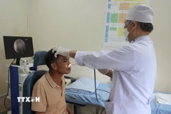 Bác sỹ của Bệnh viện Bình Định thực hiện ca gắp con vắt trong hốc mũi của bệnh nhân. (Ảnh: Quang Thái/TTXVN)