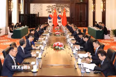 Thủ tướng Trung Quốc Lý Cường và Thủ tướng Hàn Quốc Kim Min Seok tại cuộc hội đàm bên lề Hội nghị thường niên các nhà tiên phong lần thứ 17 của Diễn đàn Kinh tế thế giới (WEF) tại thành phố Đại Liên, tỉnh Liêu Ninh, Trung Quốc. (Ảnh: THX/TTXVN)