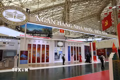 Gian trưng bày của Ngân hàng Nhà nước Việt Nam tại Triển lãm thành tựu đất nước. (Ảnh: Thanh Tùng/TTXVN)