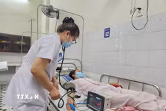 Kiểm tra, theo dõi sức khỏe bệnh nhân mắc liên cầu lợn. (Ảnh: Mai Trang/TTXVN)