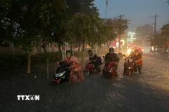 Người dân di chuyển khó khăn qua vùng ngập nước trên đường Tô Ngọc Vân (Thành phố Hồ Chí Minh). (Ảnh: TTXVN phát)