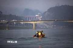 Lực lượng chức năng Bộ chỉ huy Quân sự tỉnh Hòa Bình sử dụng thiết bị chuyên dụng rà phá bom mìn, vật liệu nổ, làm sạch hạ lưu Nhà máy thủy điện Hòa Bình. (Ảnh: Trọng Đạt/TTXVN)