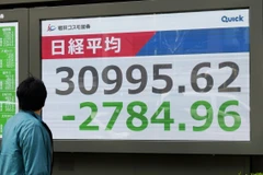 Bảng điện tử hiển thị chỉ số Nikkei 225 tại thủ đô Tokyo (Nhật Bản). (Ảnh: Kyodo/TTXVN)