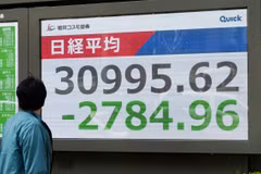 Bảng điện tử hiển thị chỉ số Nikkei 225 tại thủ đô Tokyo (Nhật Bản). (Ảnh: Kyodo/TTXVN)