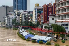 Phố đi bộ Kim Đồng, phường Thục Phán (Cao Bằng) bị ngập trong nước lũ. (Ảnh: TTXVN phát)