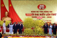 Ông Phan Đình Trạc, Ủy viên Bộ Chính trị, Bí thư Trung ương Đảng, Trưởng Ban Nội chính Trung ương trao lẵng hoa của Ban Chấp hành Trung ương và Tổng Bí thư Tô Lâm chúc mừng Đại hội. (Ảnh: Sỹ Tuyên/TTXVN)