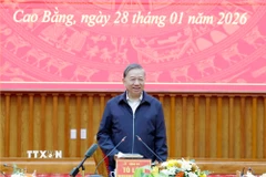 Tổng Bí thư Tô Lâm phát biểu tại buổi làm việc với Ban Chấp hành Đảng bộ tỉnh Cao Bằng. (Ảnh: Thống Nhất/TTXVN)