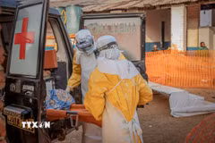 Nhân viên y tế chuyển bệnh nhân Ebola tới trung tâm điều trị ở tỉnh Ituri, CHDC Congo. (Ảnh: THX/TTXVN phát)