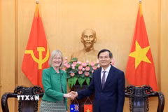 Ông Đoàn Minh Huấn, Ủy viên Bộ Chính trị, Giám đốc Học viện Chính trị Quốc gia Hồ Chí Minh, tiếp bà Gillian Bird, Đại sứ Australia tại Việt Nam. (Ảnh: Tuấn Anh/TTXVN)