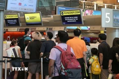 Hành khách xếp hàng tại quầy làm thủ tục ở sân bay Changi, Singapore. (Ảnh: THX/TTXVN)