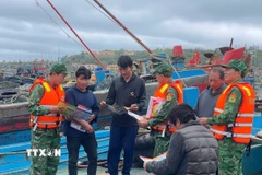 Bộ đội biên phòng phối phối hợp với cảnh sát biển tuyên truyền về IUU tại âu cảng Bạch Long Vỹ. (Ảnh: TTXVN phát)