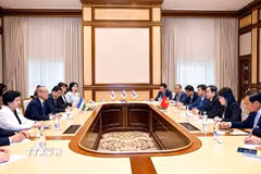Chủ tịch Quốc hội Trần Thanh Mẫn tiếp Chủ tịch Đảng Dân chủ Nhân dân Uzbekistan Ulugbek Inoyatov. (Ảnh: Doãn Tấn/TTXVN)