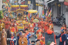 Đoàn rước cung nghinh Thánh Mẫu, Hội đồng Tứ phủ bằng đường bộ đến làm lễ ở đình Thương Bạc. (Ảnh: Văn Dũng/TTXVN)