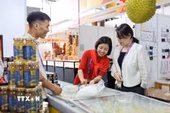 Đại diện doanh nghiệp Việt Nam giới thiệu sản phẩm bánh sầu riêng cho khách Trung Quốc. (Ảnh: Công Tuyên/TTXVN)