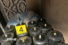 Các bình "khí cười" tại một cơ sở kinh doanh bị phát hiện. (Ảnh: TTXVN phát)