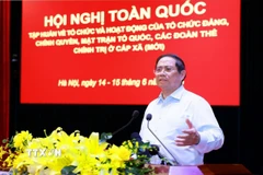 Thủ tướng Phạm Minh Chính phát biểu bế mạc Hội nghị toàn quốc tập huấn về tổ chức và hoạt động của tổ chức Đảng, chính quyền, Mặt trận Tổ quốc, các đoàn thể chính trị ở cấp xã (mới). (Ảnh: Dương Giang/TTXVN)