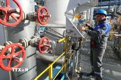 Công nhân điều chỉnh van tại trạm khí nén Slavyanskaya trên hệ thống đường ống dẫn khí đốt Nord Stream 2 của Tập đoàn Gazprom ở vùng Leningrad, Nga. (Ảnh: TASS/TTXVN)