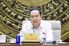 Chủ tịch Quốc hội Trần Thanh Mẫn, Trưởng ban Ban Chỉ đạo về tổng rà soát hệ thống văn bản quy phạm pháp luật, phát biểu. (Ảnh: Doãn Tấn/TTXVN)