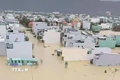 Toàn cảnh khu vực ngập lũ lụt tại phường Hoài Nhơn Đông, tỉnh Gia Lai. (Ảnh: TTXVN phát)