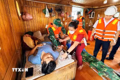 Thuyền trưởng tàu Quang Anh 69 được lực lượng chức năng kịp thời sơ cứu ban đầu. (Ảnh: TTXVN phát)