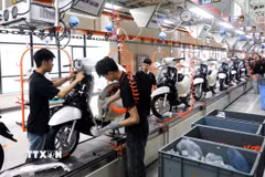 Dây chuyền lắp ráp xe máy điện tại nhà máy Sản xuất xe điện Yadea Việt Nam. (Ảnh: Danh Lam/TTXVN)