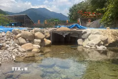 Đập bêtông kiên cố cao gần 1m ngăn dòng chảy của con suối Khe Su. (Ảnh: Văn Dũng/TTXVN)