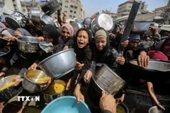 Người dân chờ được phát thực phẩm cứu trợ tại Gaza. (Ảnh: THX/TTXVN)