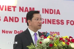 Đại sứ Việt Nam tại Ấn Độ Nguyễn Thanh Hải phát biểu khai mạc diễn đàn. (Ảnh: Quang Trung/TTXVN)