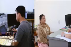 Đối tượng Nguyễn Phạm Ngọc Lâm và Lê Thị Ngọc Hạnh tại cơ quan điều tra. (Ảnh: Công an Đồng Nai/ TTXVN phát)