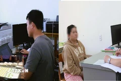 Đối tượng Nguyễn Phạm Ngọc Lâm và Lê Thị Ngọc Hạnh tại cơ quan điều tra. (Ảnh: Công an Đồng Nai/ TTXVN phát)