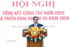 Thủ tướng Phạm Minh Chính phát biểu chỉ đạo tại Hội nghị Tổng kết công tác năm 2025 và triển khai nhiệm vụ năm 2026 của Bộ Xây dựng. (Ảnh: Dương Giang/TTXVN)