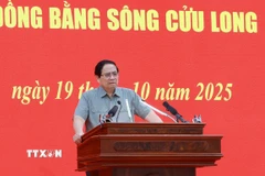 Thủ tướng Phạm Minh Chính chủ trì Hội nghị về về tình hình triển khai các dự án đường cao tốc khu vực Đồng bằng sông Cửu Long. (Ảnh: Dương Giang/TTXVN)