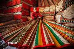 Chiếc chiếu cói gắn liền với đời sống sinh hoạt hàng ngày của người dân từ bao đời nay, là sản phẩm thủ công vừa bình dị, vừa cao sang, vừa mộc mạc, vừa nghệ thuật. (Ảnh: Khánh Hòa/ TTXVN)