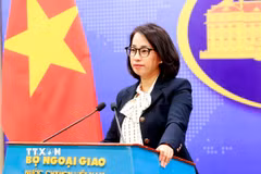 Người phát ngôn Bộ Ngoại giao Phạm Thu Hằng chủ trì họp báo. (Ảnh: An Đăng/TTXVN)