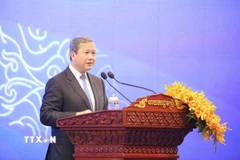 Thủ tướng Vương quốc Campuchia Samdech Thipadei Hun Manet phát biểu tại phiên khai mạc Hội nghị thượng đỉnh kinh doanh Campuchia-ASEAN 2026. (Ảnh: Huỳnh Thảo/TTXVN)