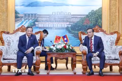 Bí thư Tỉnh ủy, Chủ tịch Hội đồng Nhân dân tỉnh Vientiane Phouthanouphet Xaysombath tiếp Đại sứ Việt Nam tại Lào Nguyễn Minh Tâm đến thăm và làm việc. (Ảnh: Xuân Tú/PV TTXVN)