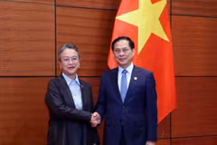 Phó Thủ tướng, Bộ trưởng Bộ Ngoại giao Bùi Thanh Sơn tiếp Thư ký Điều hành Ủy ban Kinh tế và Xã hội khu vực châu Á-Thái Bình Dương của Liên hợp quốc. (Ảnh: An Đăng/TTXVN)