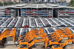 Ôtô và máy xúc chờ được đưa đi xuất khẩu tại cảng Yên Đài, tỉnh Sơn Đông, Trung Quốc. (Ảnh: THX/TTXVN)