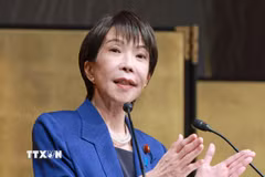 Thủ tướng Nhật Bản Sanae Takaichi phát biểu tại Thủ đô Tokyo. (Ảnh: Kyodo/TTXVN)