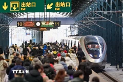 Hành khách tại nhà ga tàu hỏa ở tỉnh Hắc Long Giang, Trung Quốc. (Ảnh: THX/TTXVN)