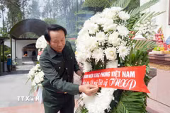 Phó Chủ tịch Trung ương Hội Cựu Thanh niên xung phong Việt Nam Thân Đức Nam thành kính dâng hoa, bày tỏ lòng tri ân sâu sắc đối với các anh hùng liệt sỹ tại Ngã ba Đồng Lộc. (Ảnh: Hữu Quyết/TTXVN)