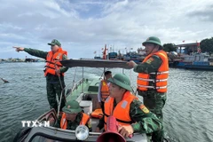 Lực lượng chức năng bắc loa kêu gọi tàu thuyền vào điểm tránh trú bão. (Ảnh: TTXVN phát)