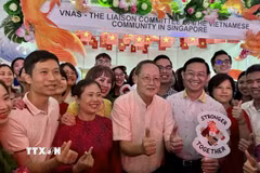 Bộ trưởng Bộ Nhân lực Singapore Tan See Leng (áo trắng, giữa) tại gian hàng của cộng đồng người Việt Nam. (Ảnh: Đỗ Vân/TTXVN)