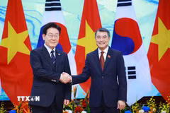 Thủ tướng Lê Minh Hưng hội kiến Tổng thống Hàn Quốc Lee Jae Myung. (Ảnh: Dương Giang/TTXVN)
